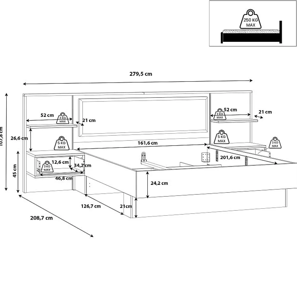 Lit 160 x 200 cm décor bois épicéa et noir avec éclairage LED - CELIA>Meubletmoi Discount