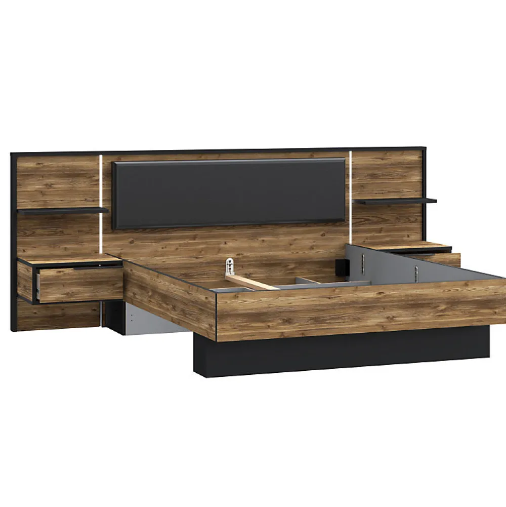 Lit 160 x 200 cm décor bois épicéa et noir avec éclairage LED - CELIA>Meubletmoi Discount