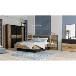 Lit 160 x 200 cm décor bois épicéa et noir avec éclairage LED - CELIA><noscript><img width=
