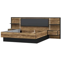Lit 160 x 200 cm décor bois épicéa et noir avec éclairage LED - CELIA><noscript><img width=