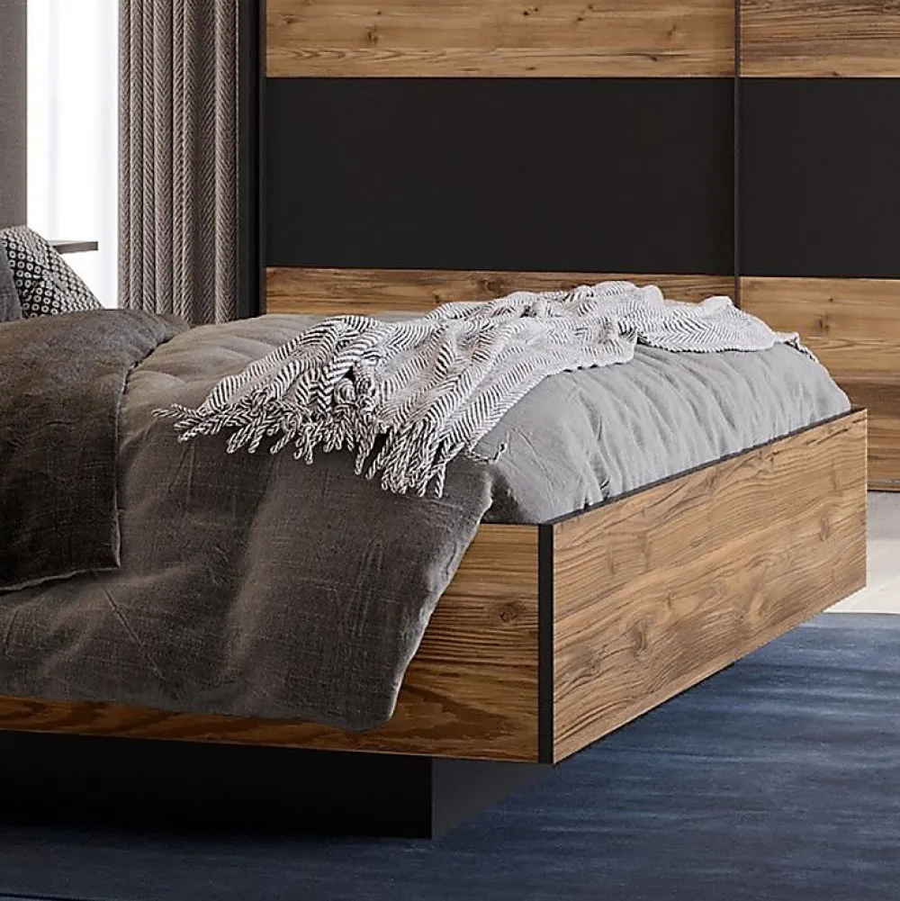 Lit 160 x 200 cm décor bois épicéa et noir avec éclairage LED - CELIA>Meubletmoi Discount