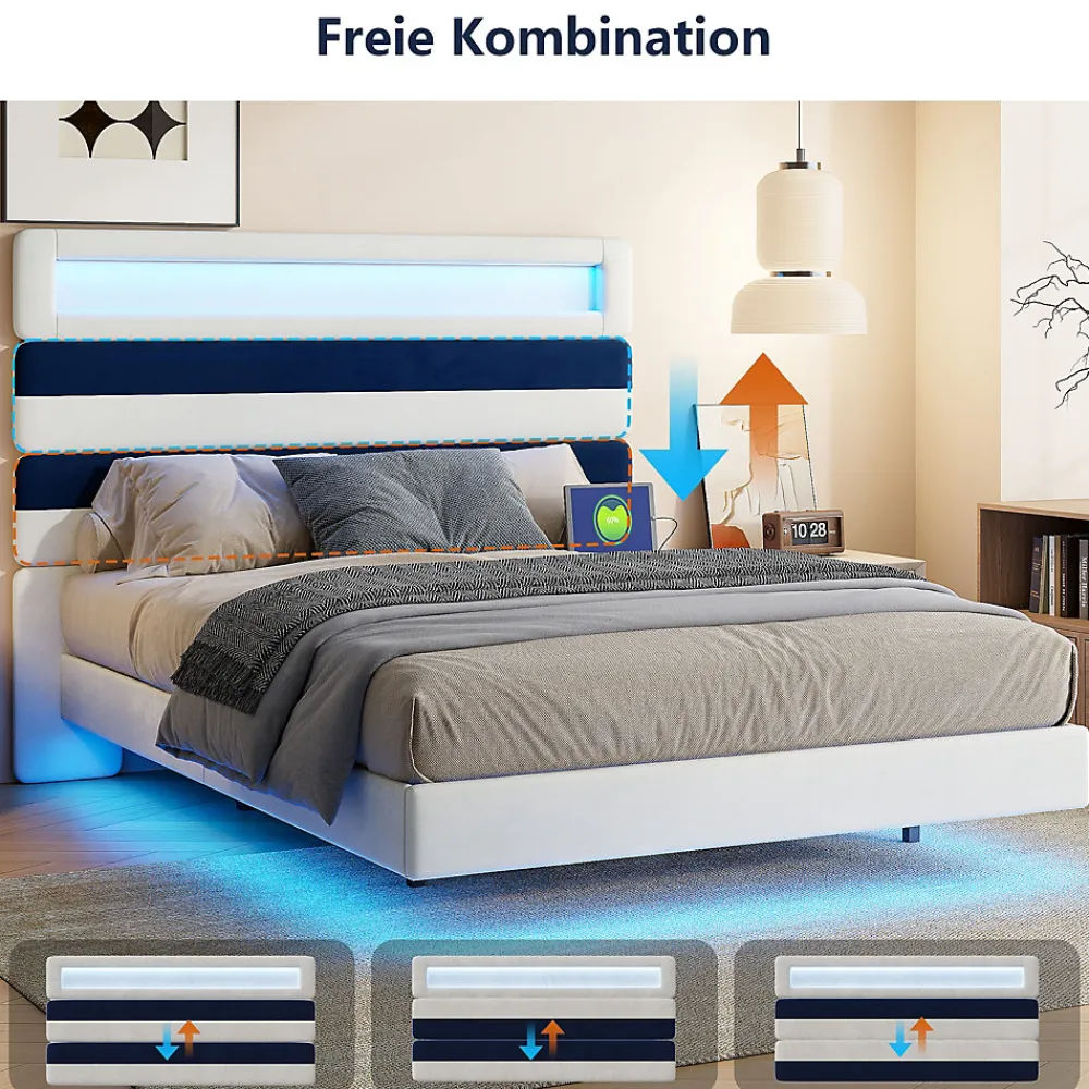 Lit 140 x 200 cm Design Flottant avec Éclairage LED Prise Port USB Cadre Velours ,sans Matelas>Fortuna lai Online