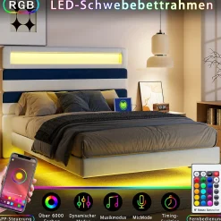 Lit 140 x 200 cm Design Flottant avec Éclairage LED Prise Port USB Cadre Velours ,sans Matelas><noscript><img width=