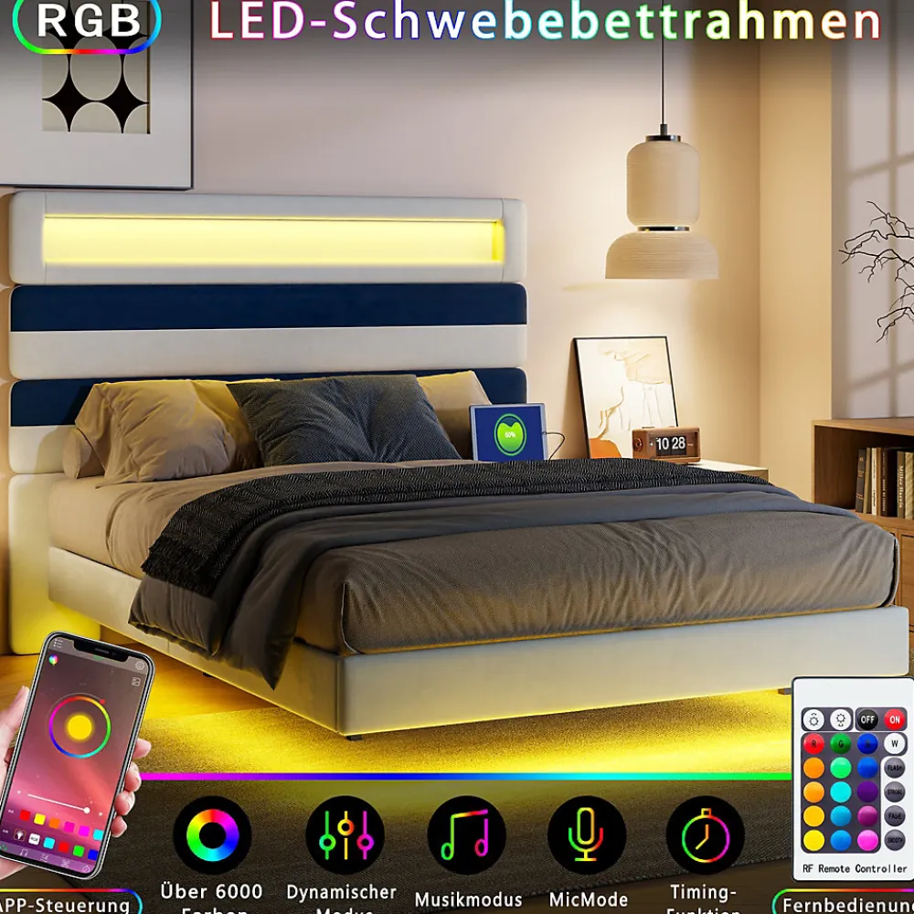 Lit 140 x 200 cm Design Flottant avec Éclairage LED Prise Port USB Cadre Velours ,sans Matelas>Fortuna lai Online
