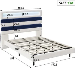 Lit 140 x 200 cm Design Flottant avec Éclairage LED Prise Port USB Cadre Velours ,sans Matelas><noscript><img width=