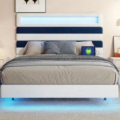 Lit 140 x 200 cm Design Flottant avec Éclairage LED Prise Port USB Cadre Velours ,sans Matelas><noscript><img width=