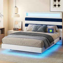Lit 140 x 200 cm Design Flottant avec Éclairage LED Prise Port USB Cadre Velours ,sans Matelas><noscript><img width=