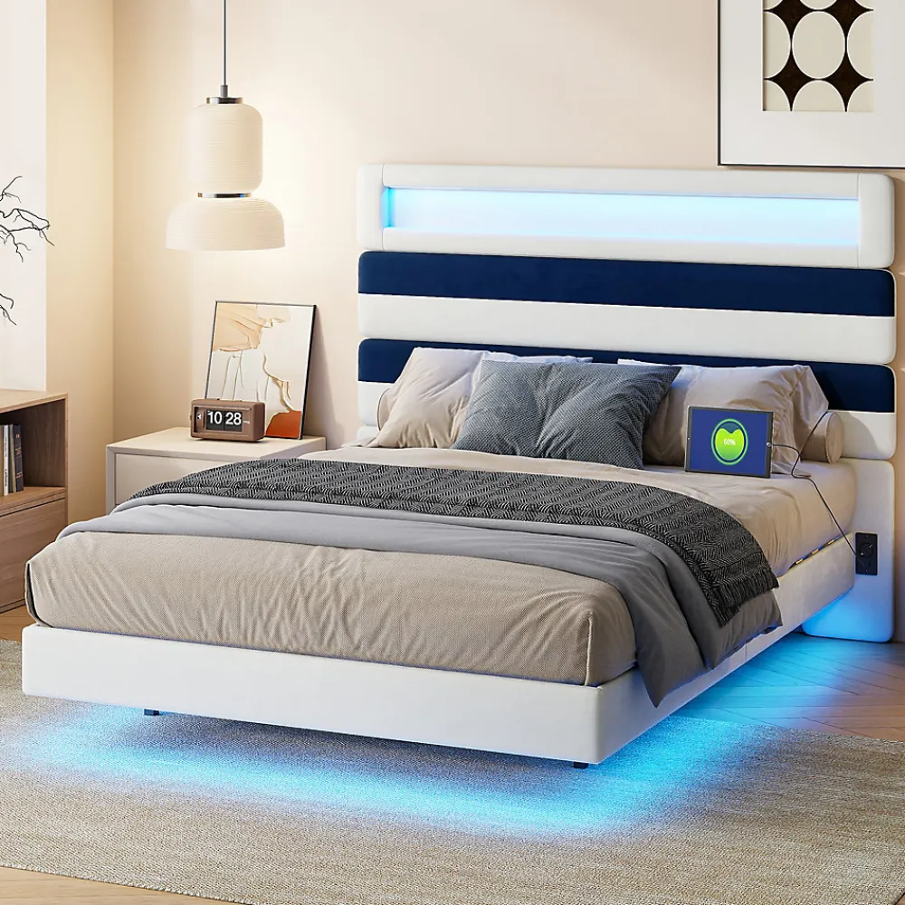 Lit 140 x 200 cm Design Flottant avec Éclairage LED Prise Port USB Cadre Velours ,sans Matelas>Fortuna lai Online