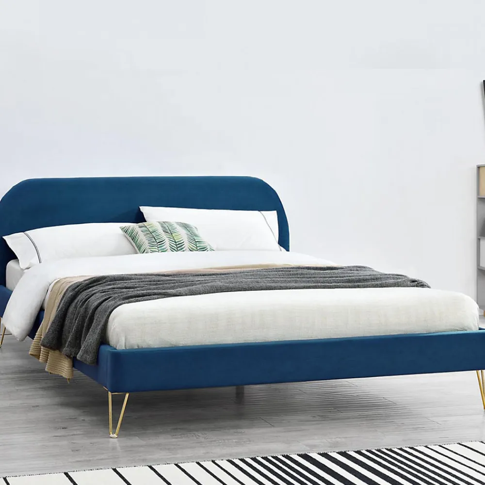 Lit 160 x 200 cm en velours et laiton bleu - PHOENIX>Concept Usine Sale