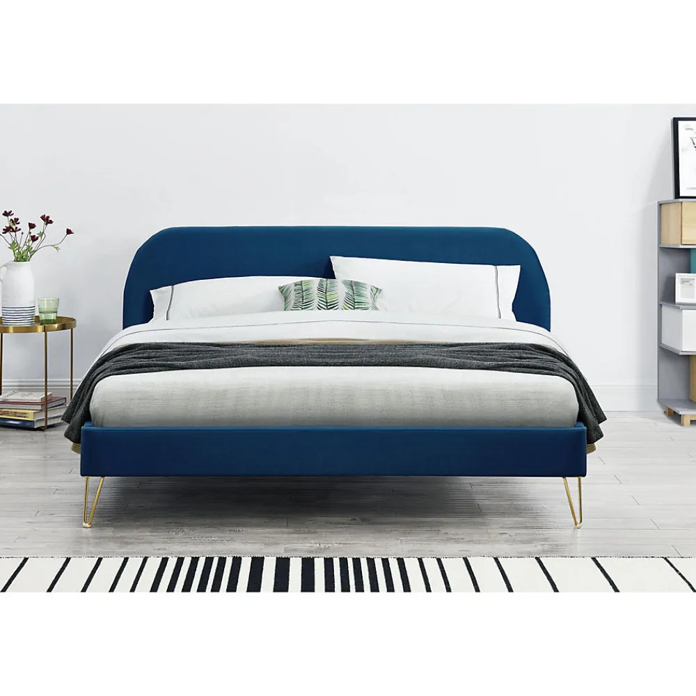 Lit 160 x 200 cm en velours et laiton bleu - PHOENIX>Concept Usine Sale