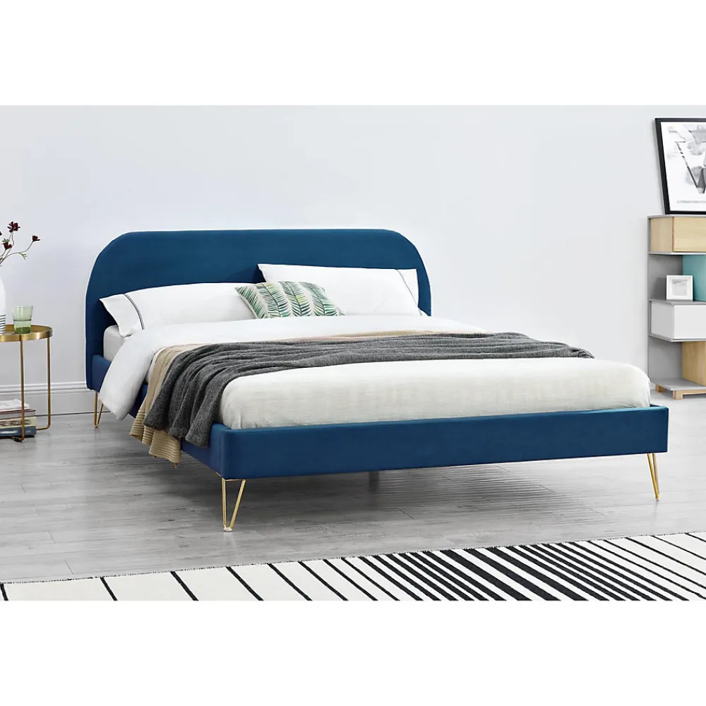 Lit 160 x 200 cm en velours et laiton bleu - PHOENIX>Concept Usine Sale