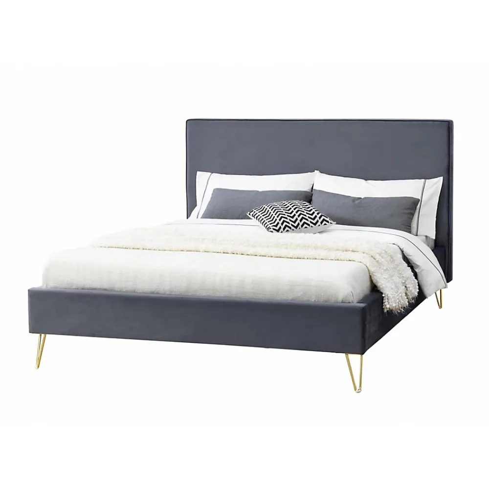 Concept Usine Lit 140 x 190 cm en velours et laiton gris - RIVERSIDE* Lit Double
