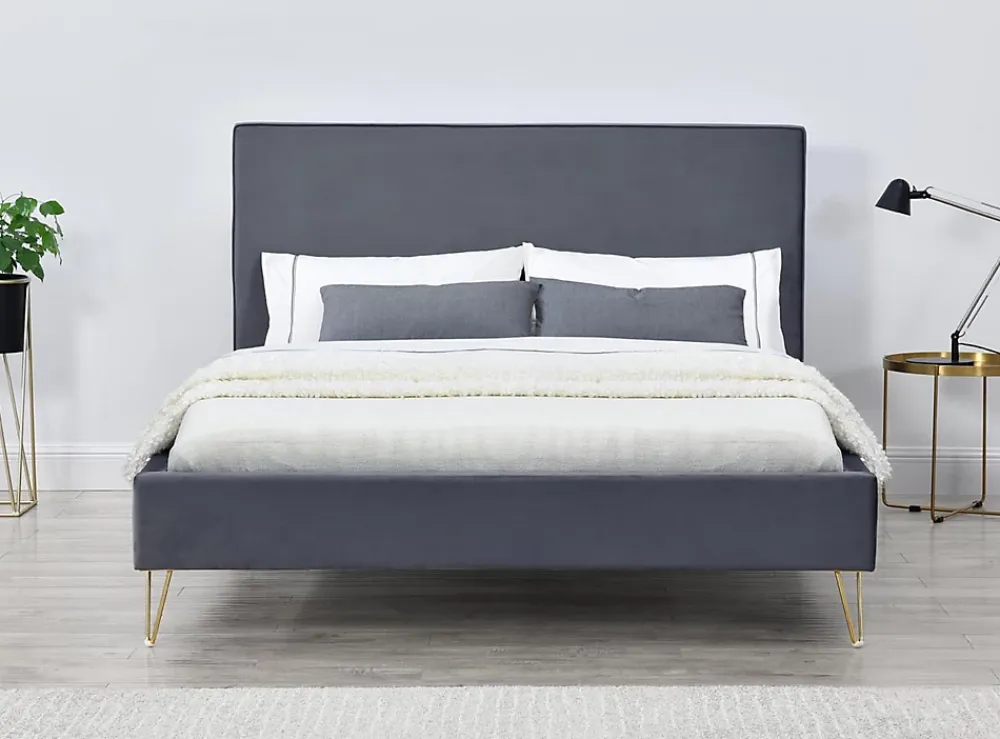 Concept Usine Lit 140 x 190 cm en velours et laiton gris - RIVERSIDE* Lit Double