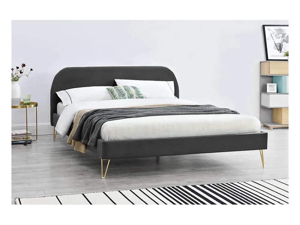 Concept Usine Lit 140 x 190 cm en velours et laiton gris - PHOENIX* Lit Double