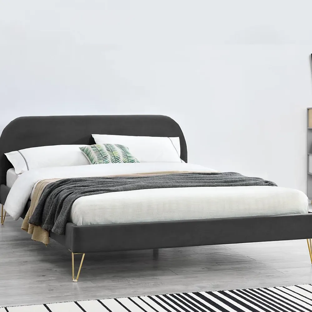 Concept Usine Lit 140 x 190 cm en velours et laiton gris - PHOENIX* Lit Double
