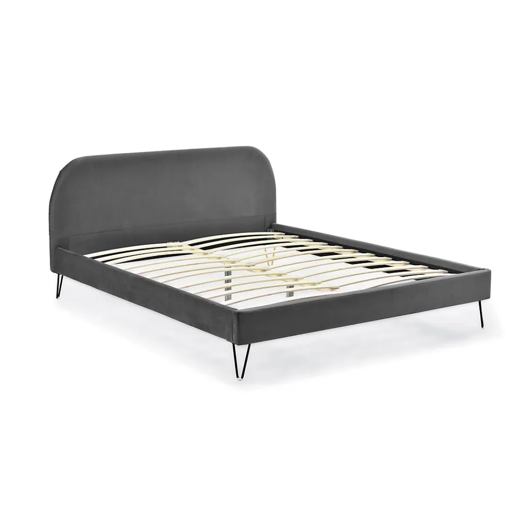 Concept Usine Lit 140 x 190 cm en velours gris et pieds noirs - PHOENIX* Lit Double