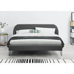 Concept Usine Lit 140 x 190 cm en velours gris et pieds noirs - PHOENIX* Lit Double