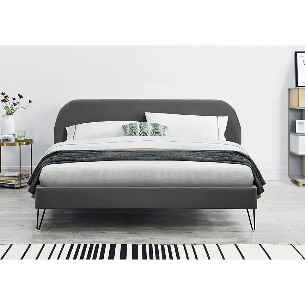 Concept Usine Lit 140 x 190 cm en velours gris et pieds noirs - PHOENIX* Lit Double