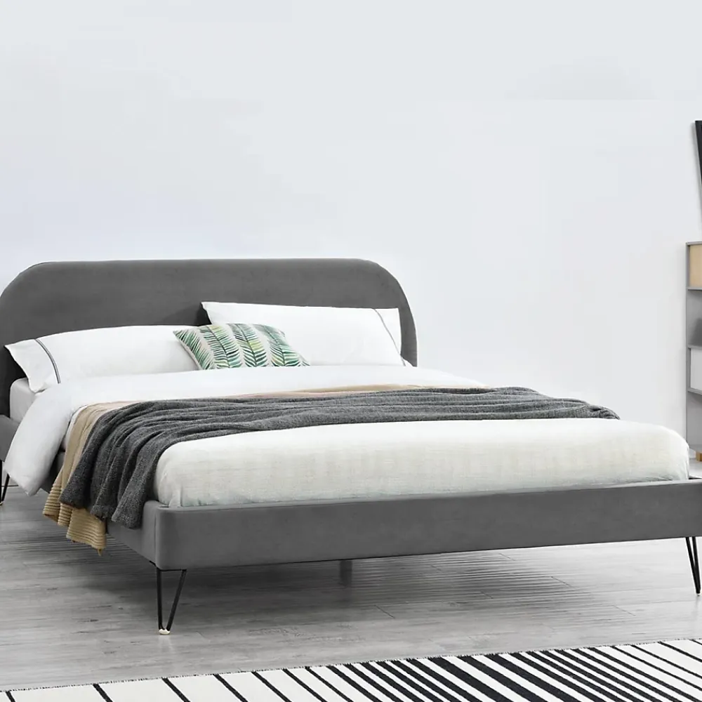 Concept Usine Lit 140 x 190 cm en velours gris et pieds noirs - PHOENIX* Lit Double