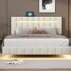 Lit 160 X 200 Cm, Rembourré, Avec Tête De Lit Réglable, Éclairage LED, En Lin, Beige>Simple Life Hot