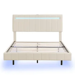 Lit 160 X 200 Cm, Rembourré, Avec Tête De Lit Réglable, Éclairage LED, En Lin, Beige><noscript><img width=