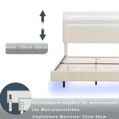 Lit 160 X 200 Cm, Rembourré, Avec Tête De Lit Réglable, Éclairage LED, En Lin, Beige><noscript><img width=