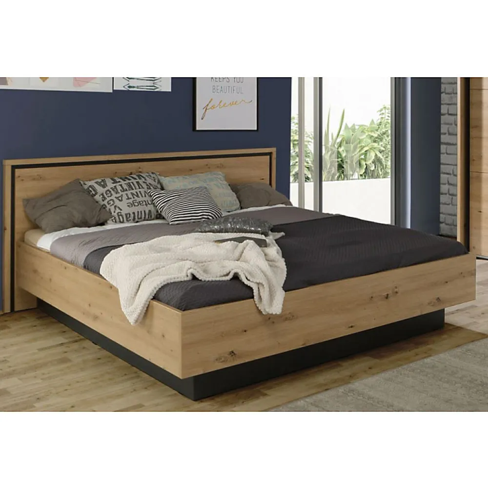 Lit 180 x 200 cm tête de lit décor chêne naturel et noir mat - ALIA>Meubletmoi Outlet