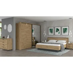 Lit 180 x 200 cm tête de lit décor chêne naturel et noir mat - ALIA><noscript><img width=