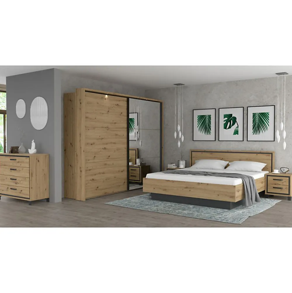 Lit 180 x 200 cm tête de lit décor chêne naturel et noir mat - ALIA>Meubletmoi Outlet