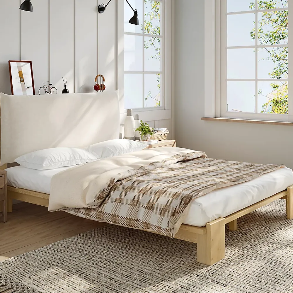 Okwish Lit Ado 140x200 cm - Lit Double avec Tête de Lit Capitonnée à Scratch, Sommier à Lattes, sans Matelas - Bois Naturel* Lit Double