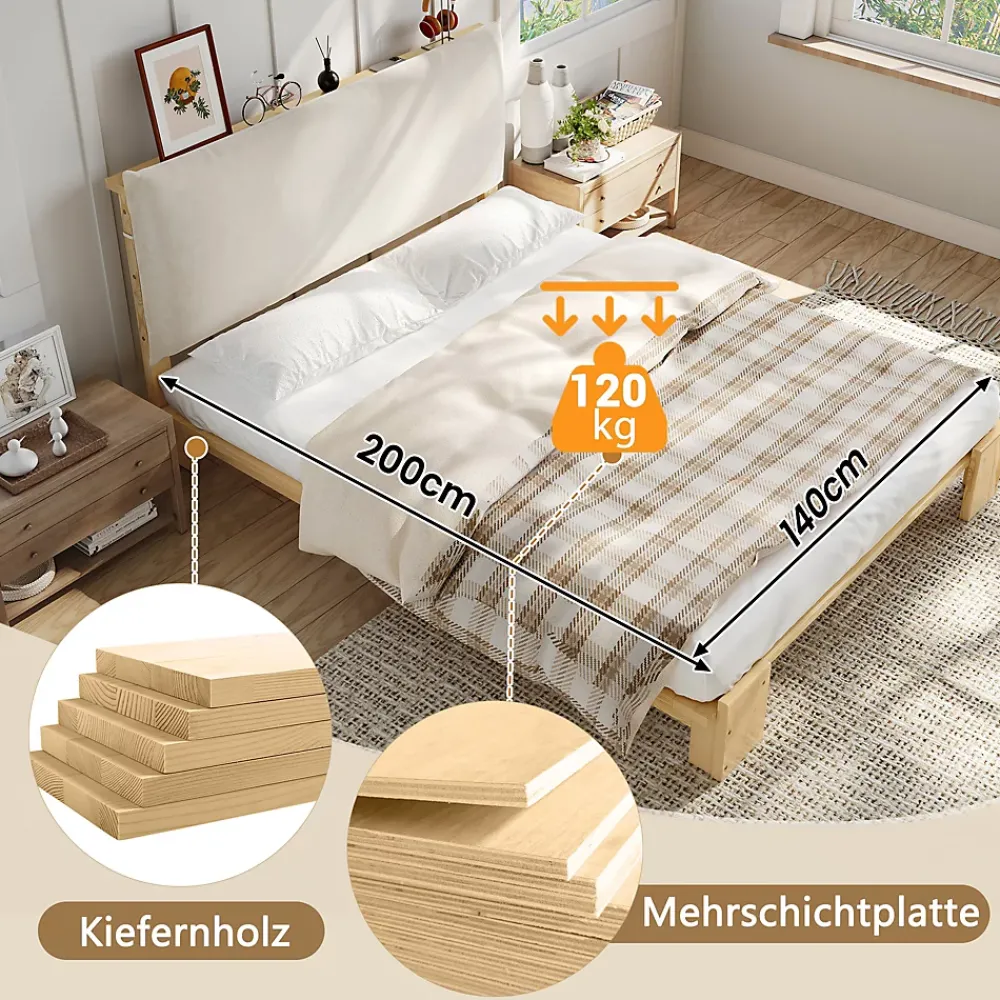 Okwish Lit Ado 140x200 cm - Lit Double avec Tête de Lit Capitonnée à Scratch, Sommier à Lattes, sans Matelas - Bois Naturel* Lit Double