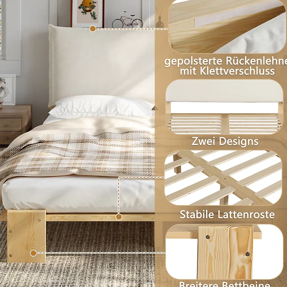 Okwish Lit Ado 140x200 cm - Lit Double avec Tête de Lit Capitonnée à Scratch, Sommier à Lattes, sans Matelas - Bois Naturel* Lit Double