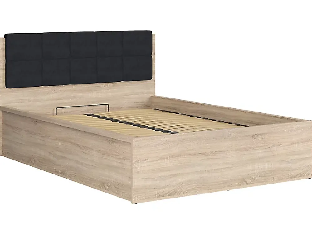 Pegane Lit adule 140x200 avec tête de lit capitonnée noir,sommier et rangement, coloris chêne Sonoma - L. 204,5 x P. 149 x H. 95/40,5 cm* Lit Coffre