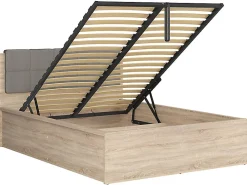 Lit adule 140x200 avec tête de lit capitonnée beige,sommier et rangement, coloris chêne Sonoma - L. 204,5 x P. 149 x H. 95/40,5 cm><noscript><img width=