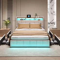 Lit adulte 180 x 200 cm avec 4 tiroirs de rangement, bande lumineuse LED, chargement USB, lit capitonné double, lit ado, lin beige><noscript><img width=