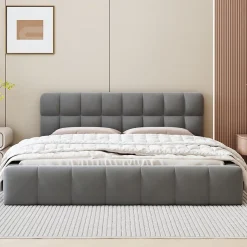 Fortuna lai Lit adulte 160 x 200,lit au sol, lit bas,avec tête de lit et dossier souple,sommier à lattes,scandinave moderne,lin,gris* Lit Coffre
