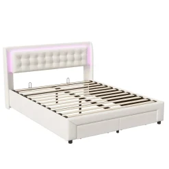 Lit Adulte Avec Sommier à Lattes 140x190 Cm,avec LED Et Rangement,avec Tête De Lit En Velours,beige>Fortuna lai Discount
