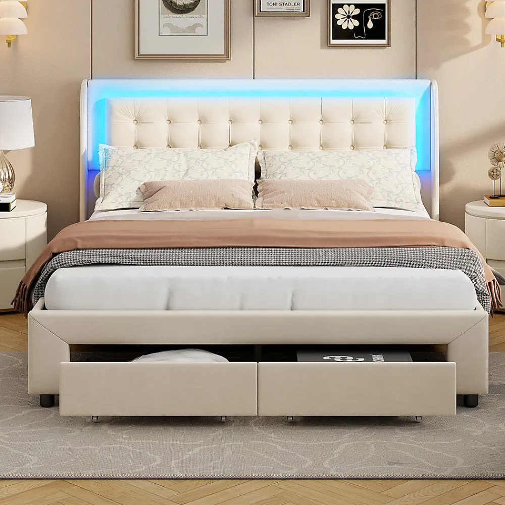 Lit Adulte Avec Sommier à Lattes 140x190 Cm,avec LED Et Rangement,avec Tête De Lit En Velours,beige>Fortuna lai Discount