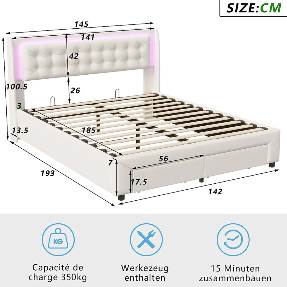 Lit Adulte Avec Sommier à Lattes 140x190 Cm,avec LED Et Rangement,avec Tête De Lit En Velours,beige>Fortuna lai Discount