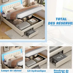 Lit Adulte Avec Sommier à Lattes 140x190 Cm,avec LED Et Rangement,avec Tête De Lit En Velours,beige><noscript><img width=