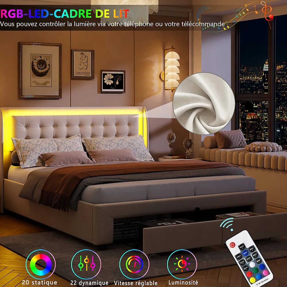 Lit Adulte Avec Sommier à Lattes 140x190 Cm,avec LED Et Rangement,avec Tête De Lit En Velours,beige>Fortuna lai Discount
