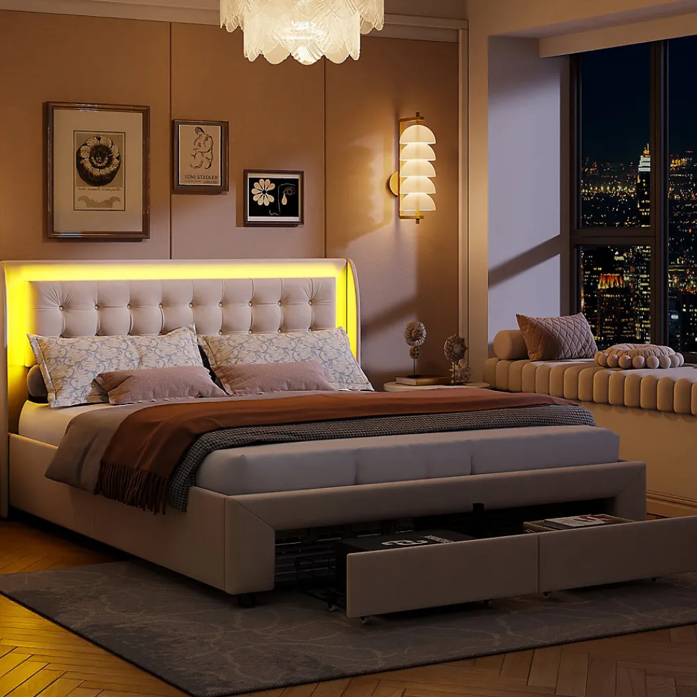 Lit Adulte Avec Sommier à Lattes 140x190 Cm,avec LED Et Rangement,avec Tête De Lit En Velours,beige>Fortuna lai Discount