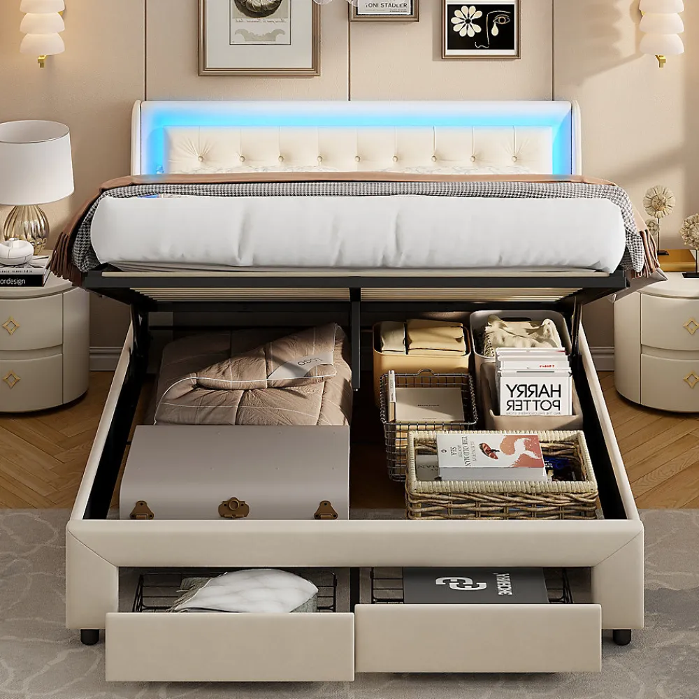 Lit Adulte Avec Sommier à Lattes 140x190 Cm,avec LED Et Rangement,avec Tête De Lit En Velours,beige>Fortuna lai Discount