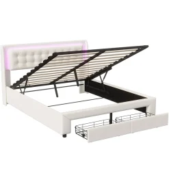 Lit Adulte Avec Sommier à Lattes 140x190 Cm,avec LED Et Rangement,avec Tête De Lit En Velours,beige><noscript><img width=