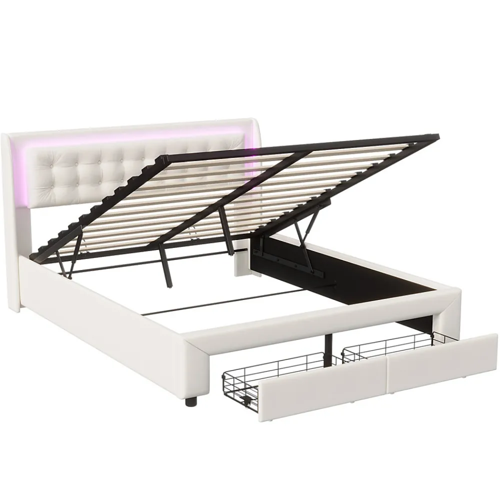 Lit Adulte Avec Sommier à Lattes 140x190 Cm,avec LED Et Rangement,avec Tête De Lit En Velours,beige>Fortuna lai Discount