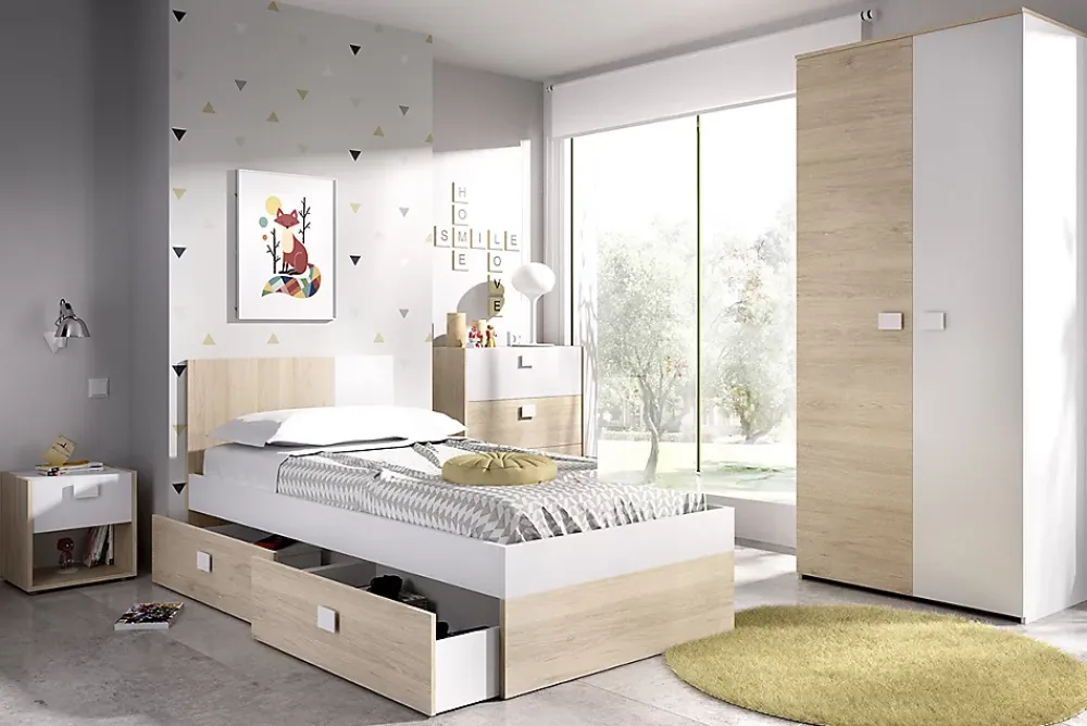 Pegane Lit adulte coloris blanc, chêne naturel avec 2 tiroirs - Longueur 196 x Profondeur 97 x Hauteur 79 cm* Tête De Lit
