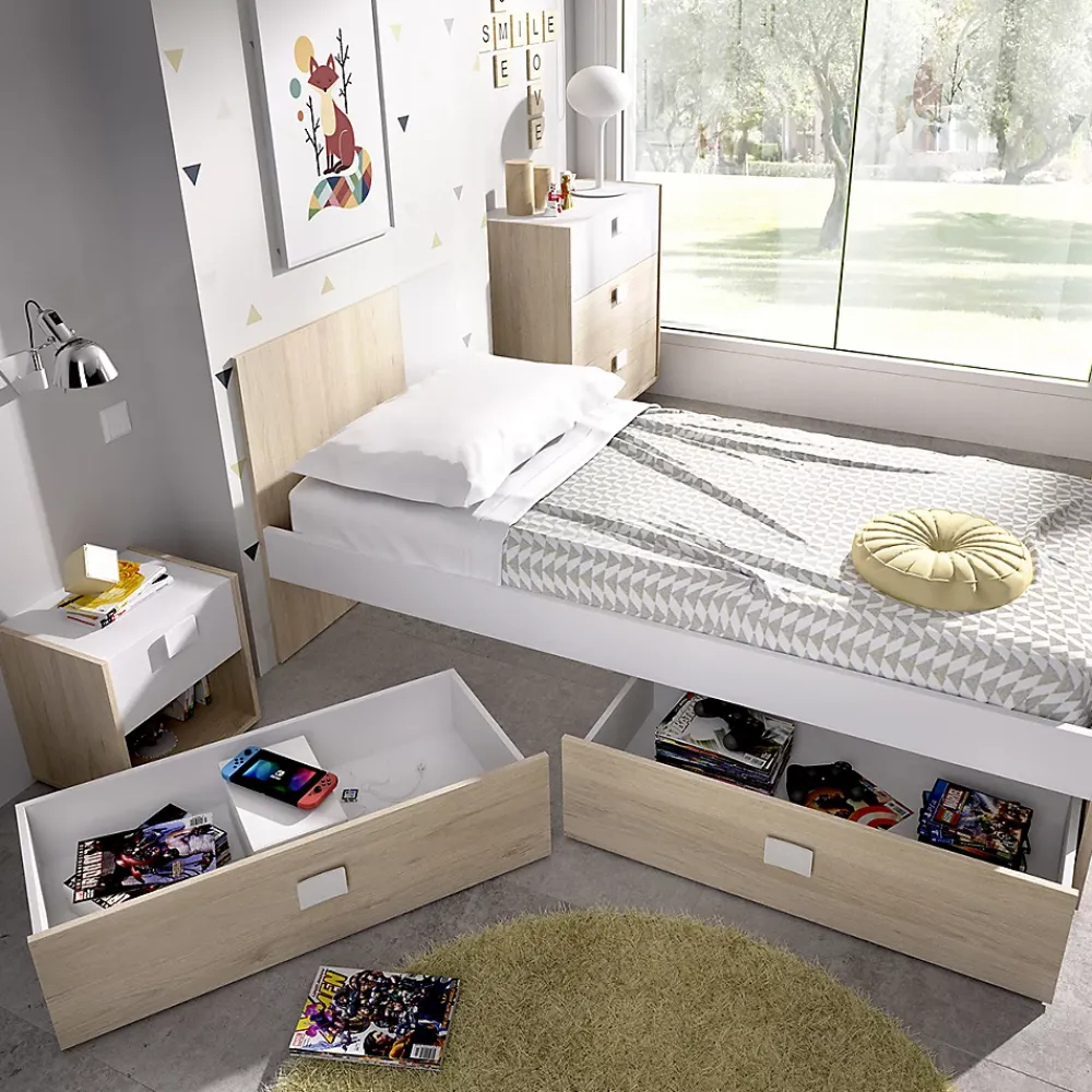 Pegane Lit adulte coloris blanc, chêne naturel avec 2 tiroirs - Longueur 196 x Profondeur 97 x Hauteur 79 cm* Tête De Lit