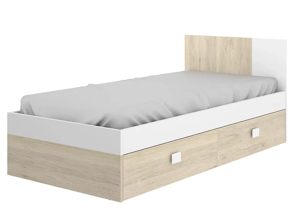 Pegane Lit adulte coloris blanc, chêne naturel avec 2 tiroirs - Longueur 196 x Profondeur 97 x Hauteur 79 cm* Tête De Lit