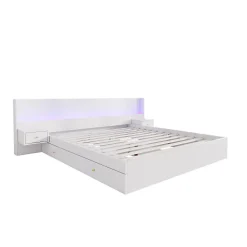 Lit adulte de rangement 180x200cm en bois - avec prises USB et LED - 2 tables de chevet & 2 tiroirs - Blanc><noscript><img width=