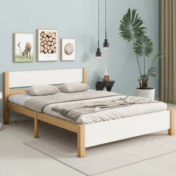 Lit adulte double en bois - cadre en pin avec tête de lit et sommier à lattes lit en MDF blanc + naturel - 140x200 cm>ProximaX Discount